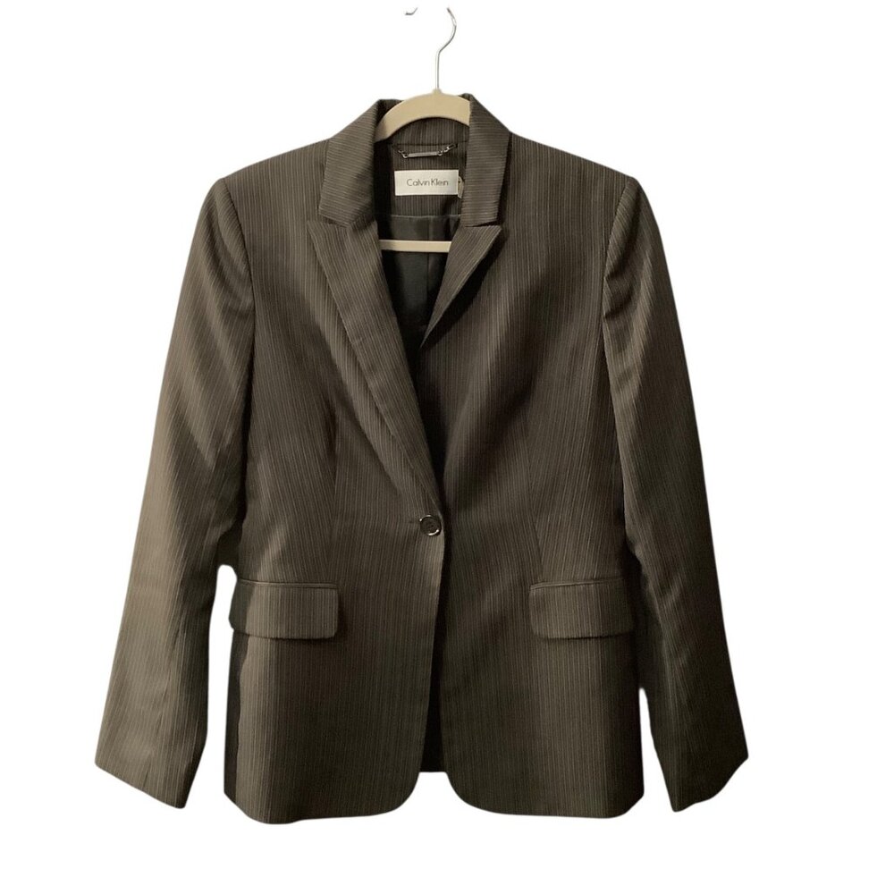 Calvin Klein Women Pinstripe Blazer Jacket Size 6 Gray One Button Professional